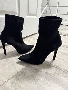 Call It Spring Black Stretch-Knit Pointed-Toe Stiletto Ankle Boots